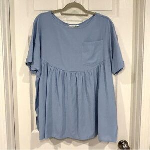 Exlura Women Blue Pocket Blouse Round Neck Short Sleeve Sz L Loose Fit Boxy